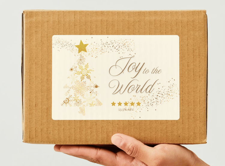 Customizable Golden Snowflake Christmas Tree Sticker Label 6"x4" | Digital Canva Template. Mock sticker on box