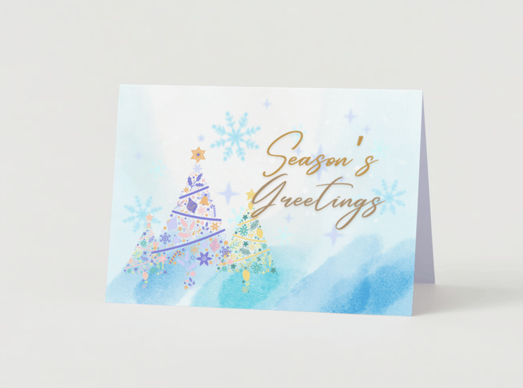 Customizable Pastel Christmas Trees Watercolor Folded Card Landscape | Digital Canva Template. Mock card outside front view