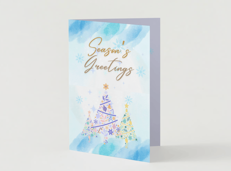 Customizable Pastel Christmas Trees Watercolor Folded Card Portrait | Digital Canva Template. Mock front outside view