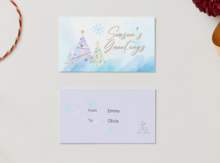 Customizable Pastel Christmas Trees Watercolor Gift/Favor Tag| Digital Canva Template. Mock card front and back views