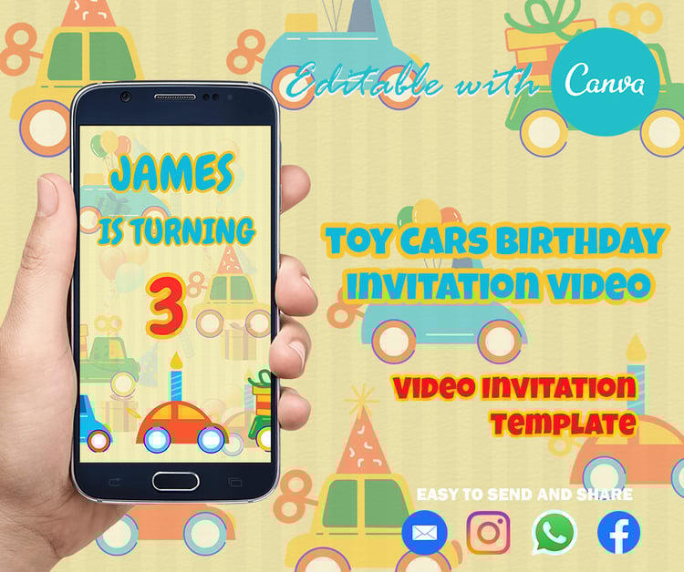 birthday, Video Birthday Invitation for kids, toy cars, canva,