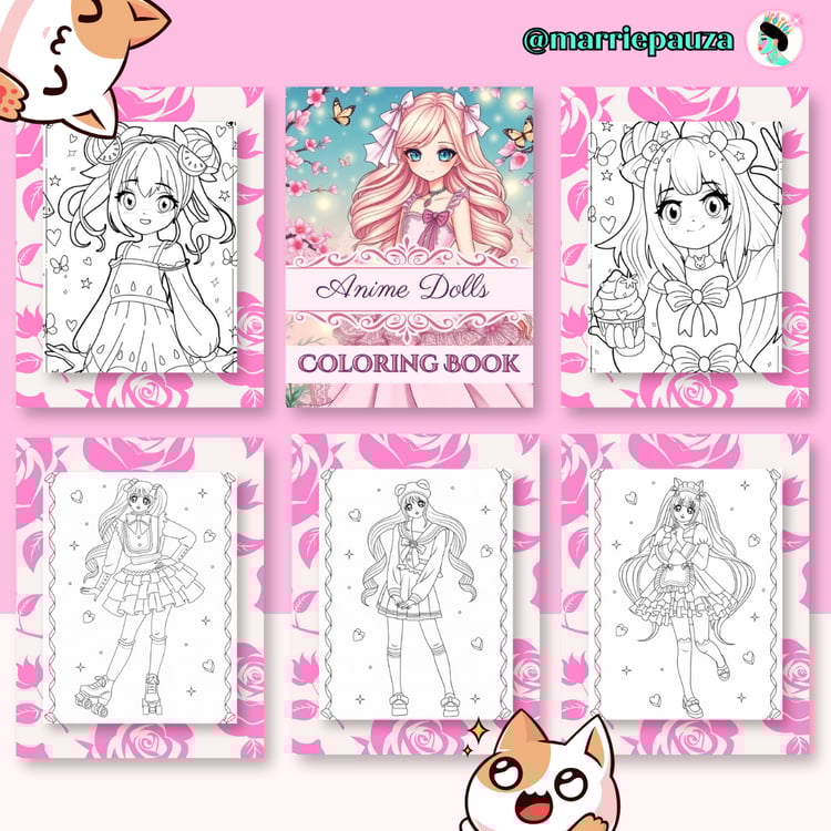 Six panels of anime doll coloring book pages with cute character outlines.