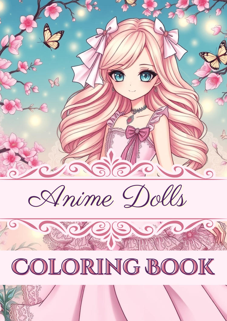 Cover of Anime Dolls Coloring Book with cherry blossoms and butterflies.