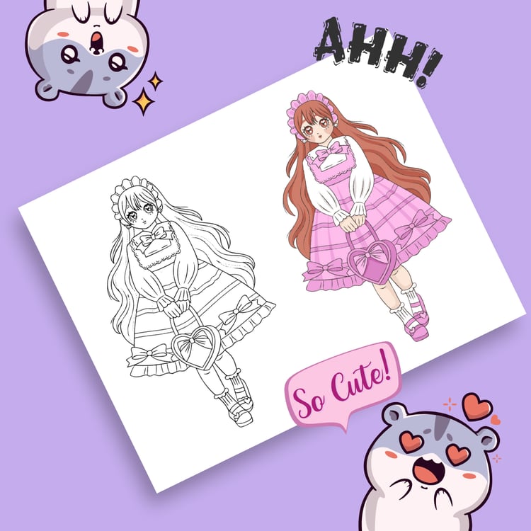 Illustration of a characters sketch becoming colorful, with excited bears reacting, saying "AHHH!" and "So Cute!"