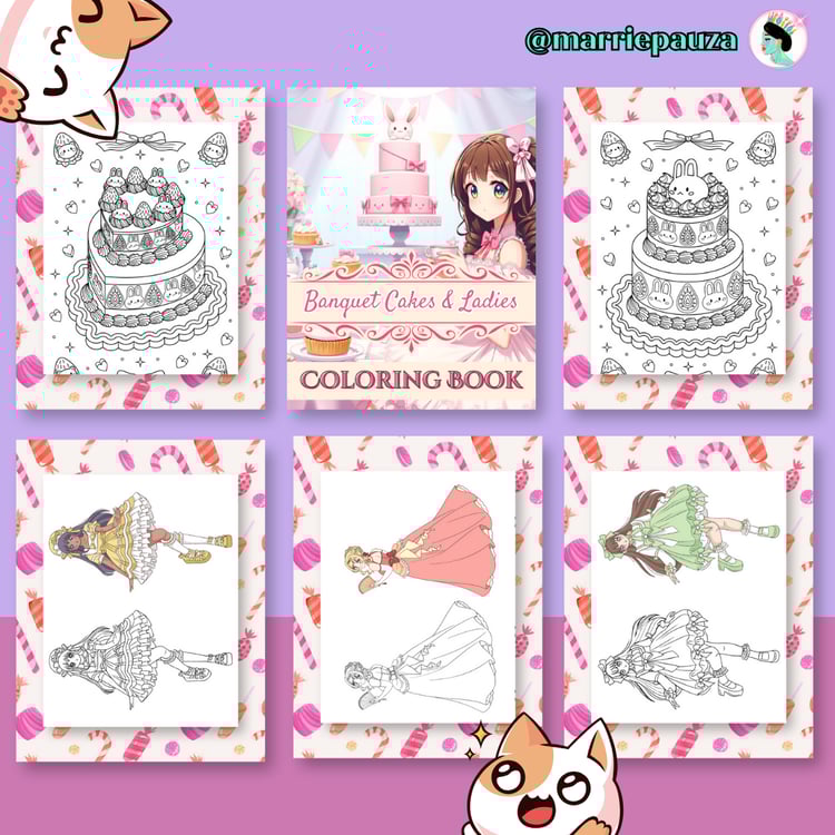 Coloring book cover with cakes and female characters, lined images ready for coloring.