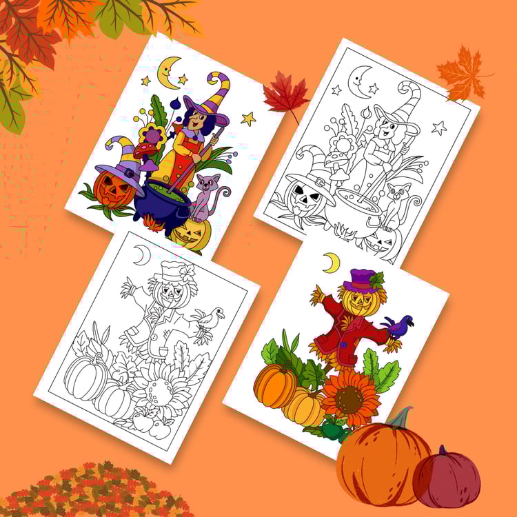 Four Halloween-themed coloring pages with two colored illustrations, on an orange background with autumn leaves.