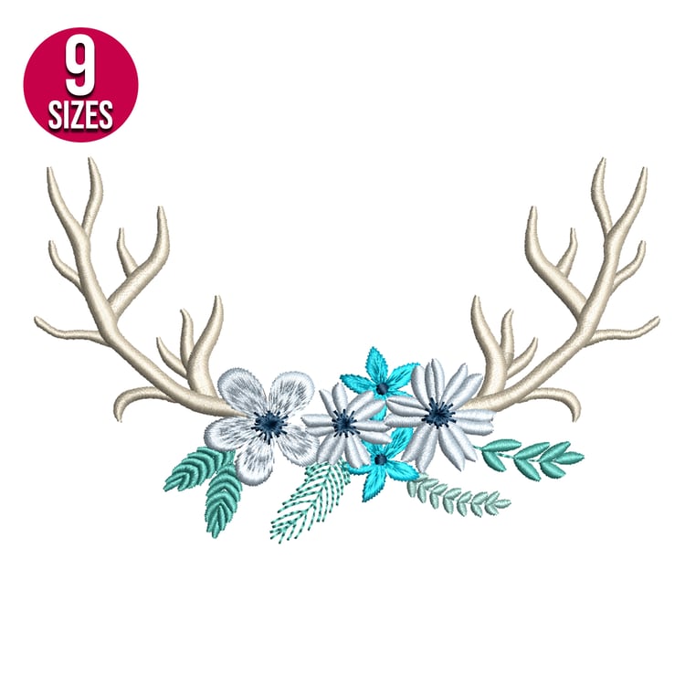 Floral Christmas Deer antlers embroidery design, Machine embroidery file, Instant download