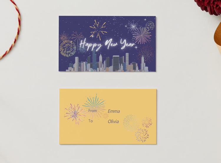 Customizable City Skyline Fireworks Gift/Favor Tag| Digital Canva Template. Mock card front and back views