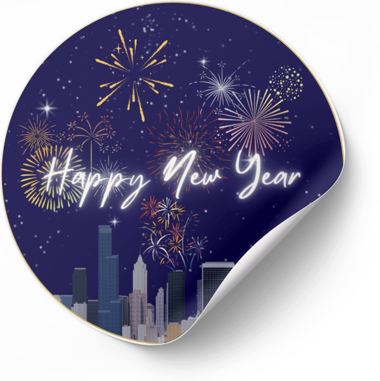 Customizable City Skyline Fireworks Circle Sticker | Digital Canva Template. Mock circle sticker