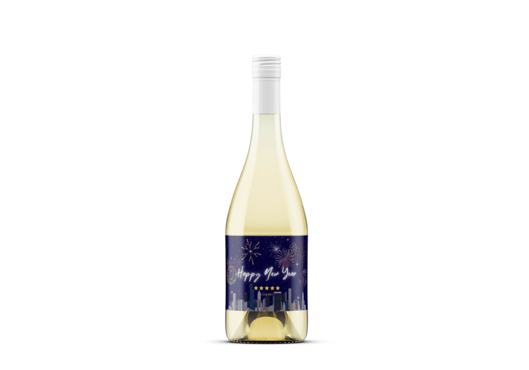 Customizable City Skyline Fireworks Sticker Label 6"x4" | Digital Canva Template. Mock sticker on white wine bottle