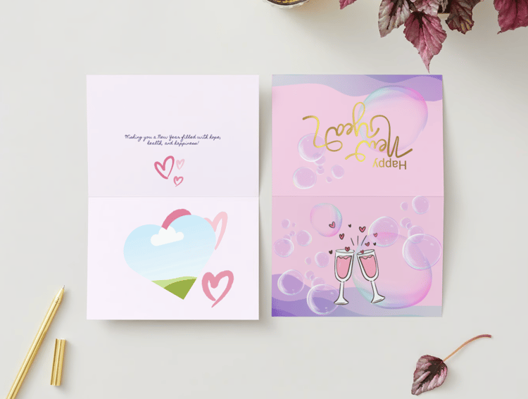 Customizable Cheers to Love Folded Card Landscape | Digital Canva Template. Mock card outside and inside views