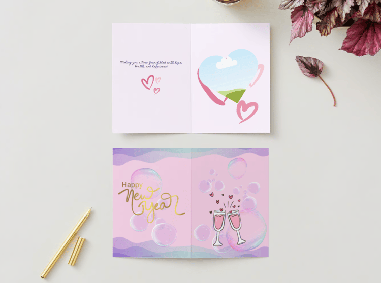 Customizable Cheers to Love Folded Card Portrait | Digital Canva Template. Mock card outside and inside views