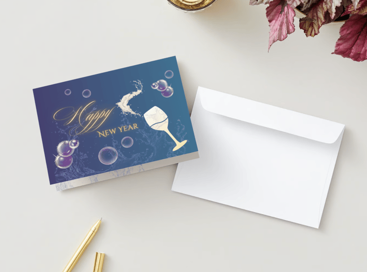 Customizable Elegant New Year Toast Folded Card Landscape | Digital Canva Template. Mock card outside front view with envelope