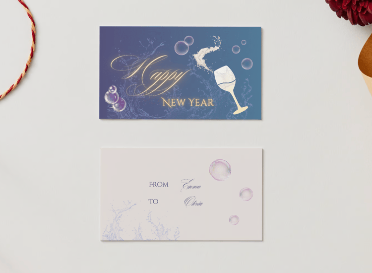Customizable Elegant New Year Toast Gift/Favor Tag| Digital Canva Template. Mock card front and back views