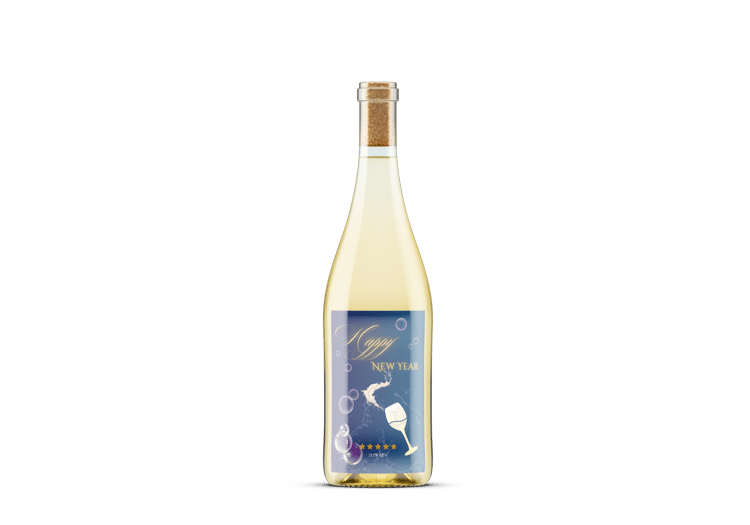 Customizable Elegant New Year Toast Sticker Label 4"x6" | Digital Canva Template. Mock sticker on white wine bottle