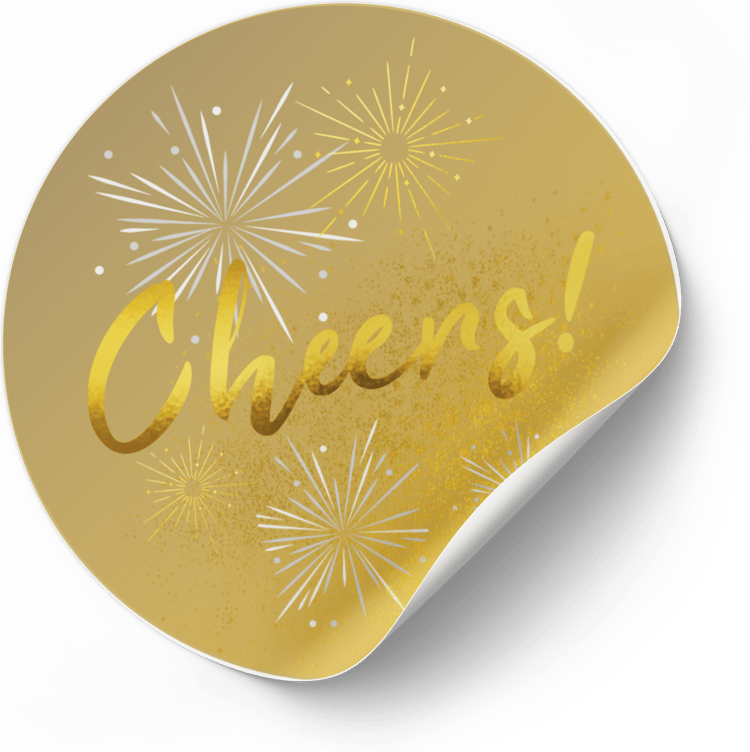 Customizable Bold Cheers Celebration Circle Sticker | Digital Canva Template. Mock circle sticker
