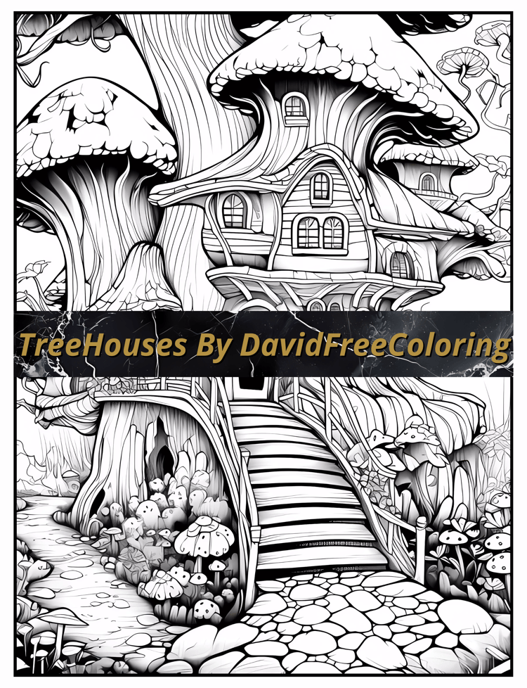 Treehouses Coloring Book is a coloring book for adults with 70 Tree homes to color creatively, both through the download of PNG and PDF files. Treehouses Coloring Book Tree Houses Images for Adult Coloring Pages TreeHouses printable coloring book gift for