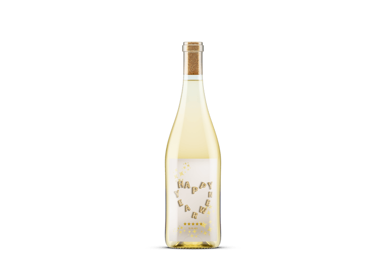 Customizable Heart-Shaped New Year Balloons Sticker Label 4"x6" | Digital Canva Template. Mock sticker on white wine bottle