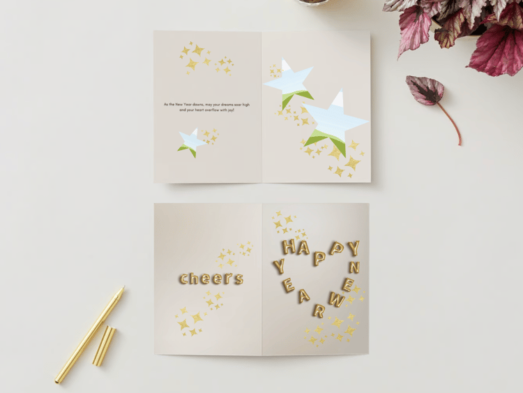 Elegant New Year Toast Canva Template Bundle | 6 Customizable Designs | Holiday Season Digital Download. Mock card portrait outside and inside views