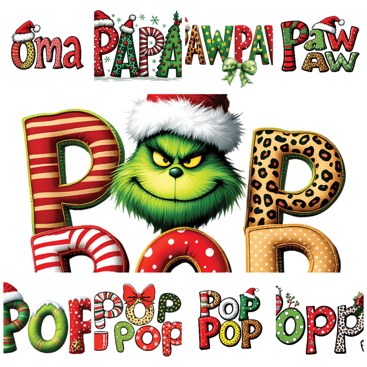 Whimsical, holiday-themed text designs featuring festive family roles like "Mom," "Dad," "Babys First Christmas," and more. Each phrase is creatively adorned with playful holiday motifs, capturing the joyful spirit of Christmas and family togetherness.