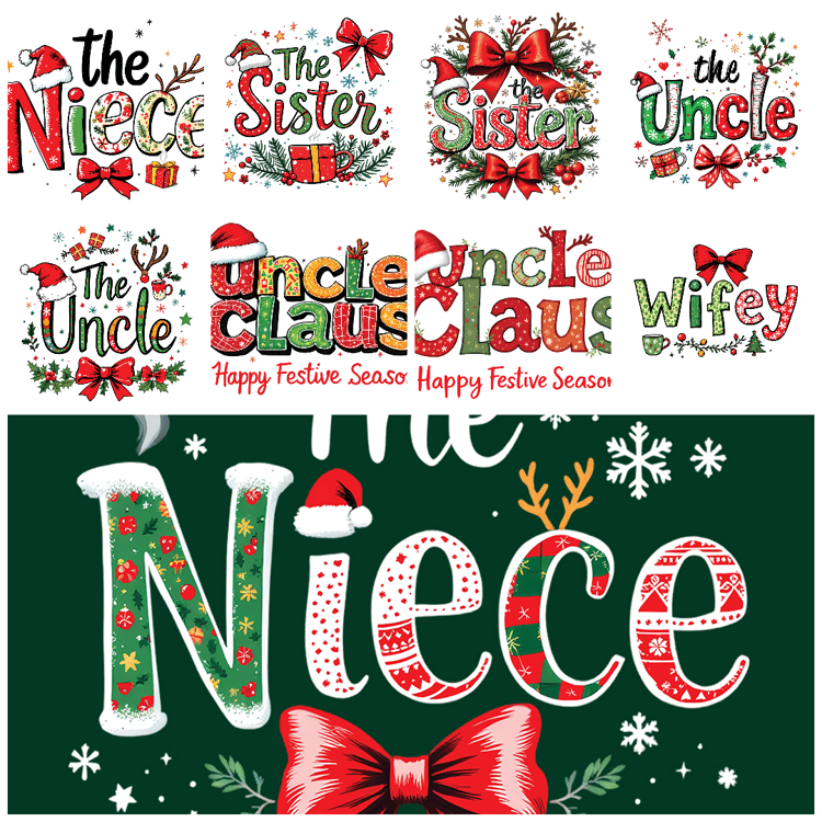 Whimsical, holiday-themed text designs featuring festive family roles like "Mom," "Dad," "Babys First Christmas," and more. Each phrase is creatively adorned with playful holiday motifs, capturing the joyful spirit of Christmas and family togetherness.