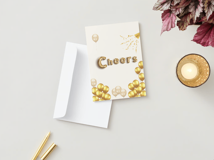 Customizable Cheers Celebration Balloons Folded Card Portrait | Digital Canva Template. Mock card outside front view with envelope