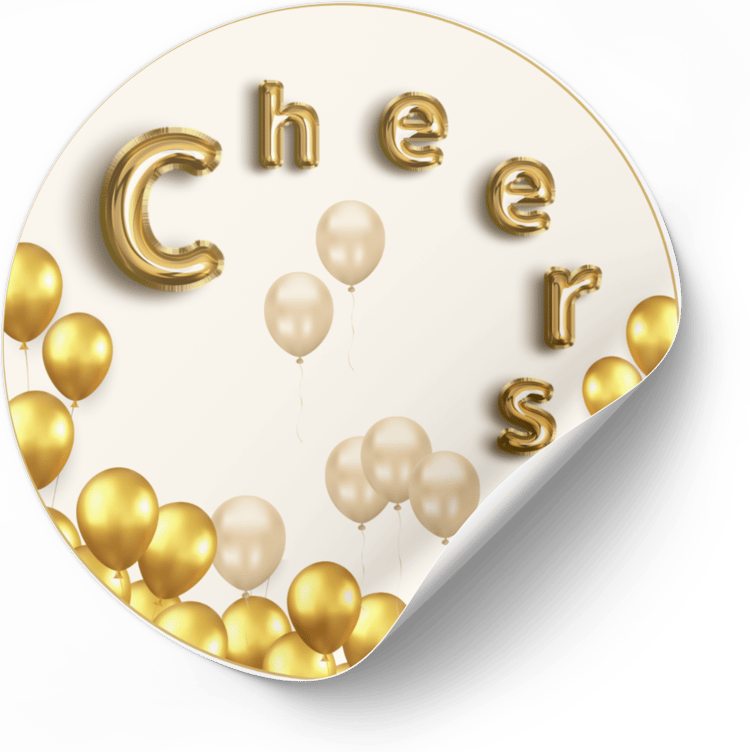 Customizable Cheers Celebration Balloons Circle Sticker | Digital Canva Template. Mock circle sticker