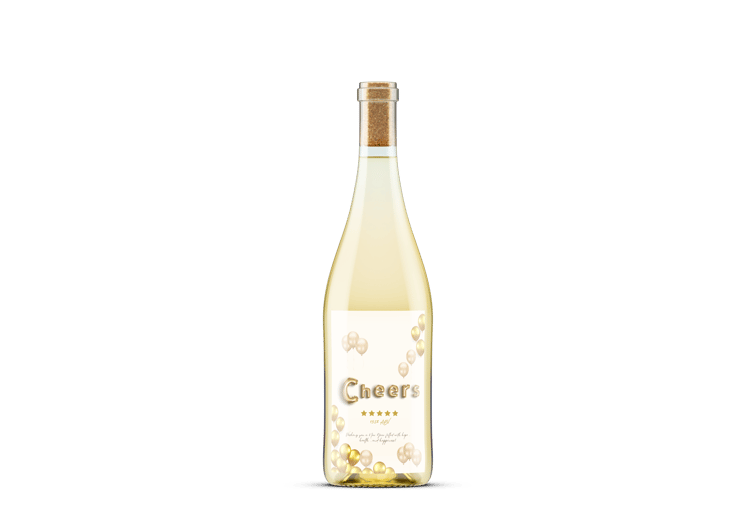 Customizable Cheers Celebration Balloons Sticker Label 4"x6" | Digital Canva Template. Mock sticker on white wine bottle