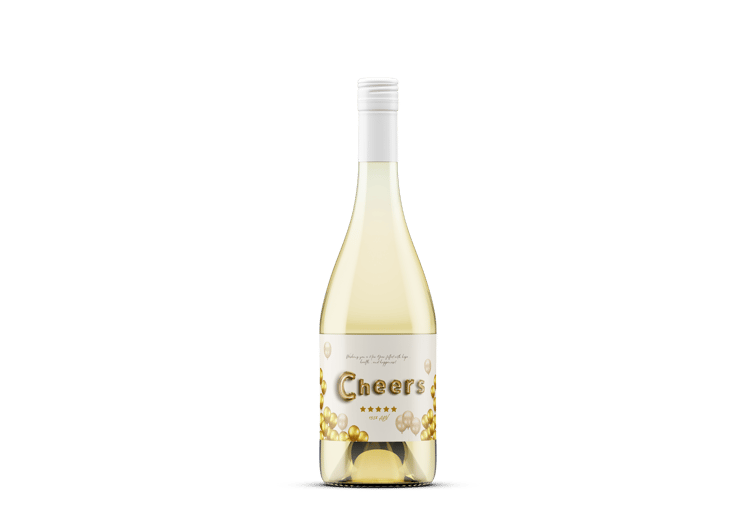 Customizable Cheers Celebration Balloons Sticker Label 6"x4" | Digital Canva Template. Mock sticker on white wine bottle