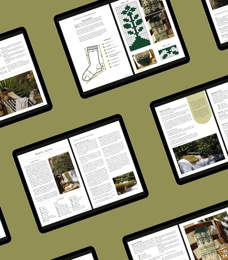 Mockup of digital knitting patterns being displayed on an iPad screen, the knitting patterns are of socks.