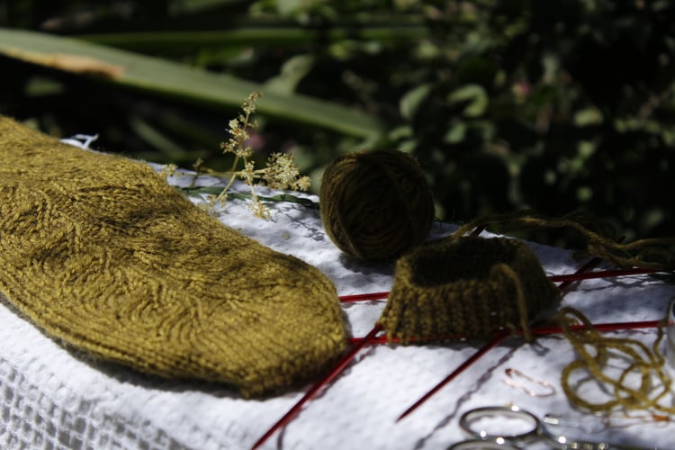 Olive green hand knit sock, a sock being knit and a basket of yarn, in a sunny garden in Provence, the South of France. The sock has a leaf motif.