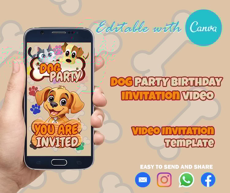 dog party invitation, birthday dog, videoinvitation, canva,