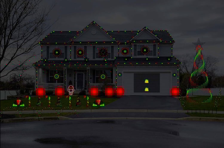 xLights holiday light show sequence of Raining Tacos (On Christmas Eve) by Parry Gripp, shown on residential home