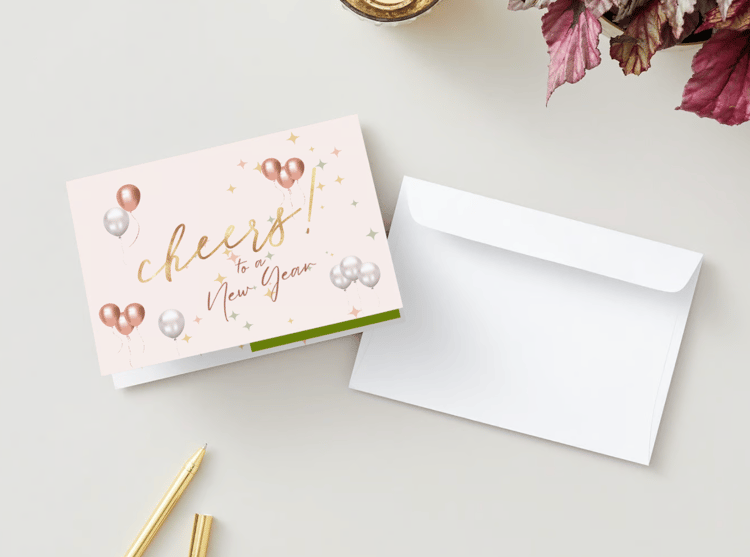 Customizable Cheers to New Year Celebration Folded Card Landscape | Digital Canva Template. Mock card outside front view