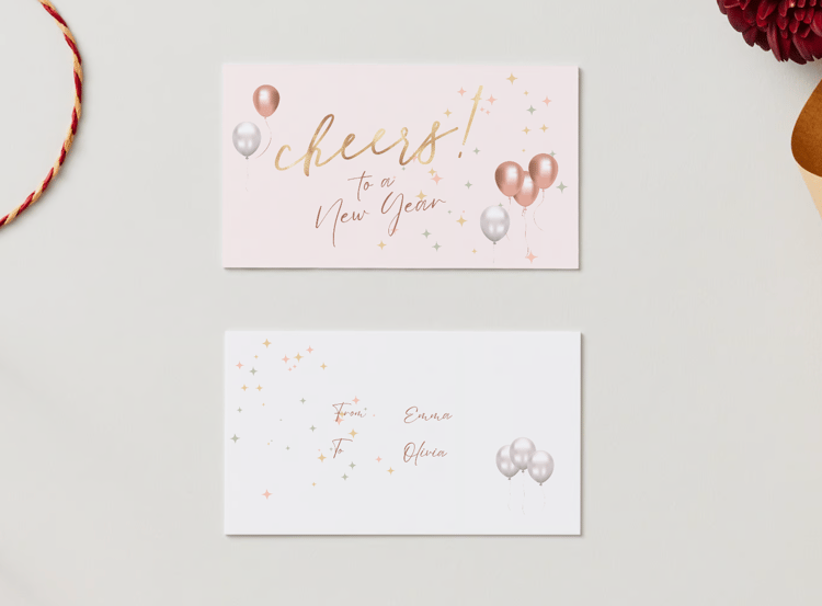Customizable Cheers to New Year Celebration Gift/Favor Tag| Digital Canva Template. Mock gift tag front and back views