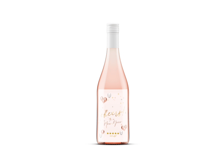 Customizable Cheers to New Year Celebration Sticker Label 4"x6" | Digital Canva Template. Mock sticker on rose wine bottle