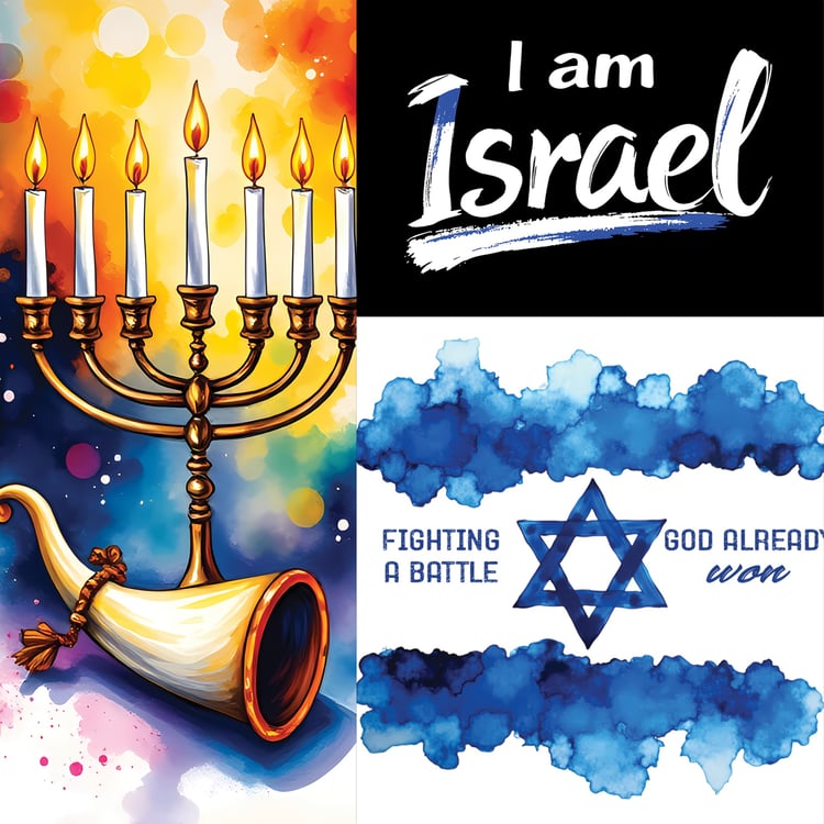 A powerful collection of Messianic, Jewish, Hebraic, Israeli spiritual symbols, featuring the shofar, menorah, Torah scrolls, Star of David, and inspiring faith-based phrases. The designs incorporate vibrant watercolors, bold typography, and deep cultural