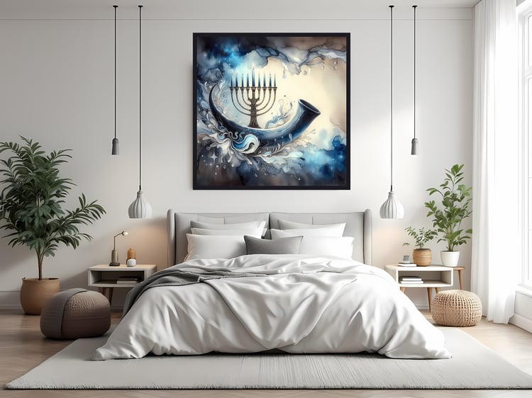 A powerful collection of Messianic, Jewish, Hebraic, Biblical Israeli spiritual symbols, featuring the shofar, menorah, Torah scrolls, Star of David, and inspiring faith-based phrases. The designs incorporate vibrant watercolors, bold typography, and deep