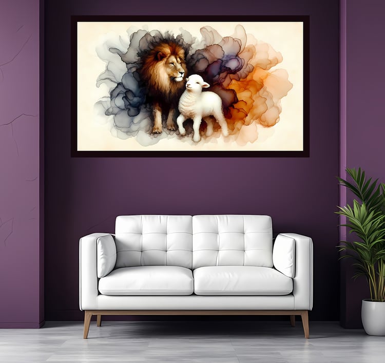 Christian art, Biblical art, religious wall decor, faith-based artwork, cross art, hope art, alcohol ink art, spiritual symbols, lion and lamb, Christian symbols, Bible art, religious figures, inspirational art, valor and protection, Cariad Dzine design