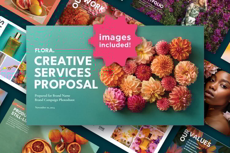 Cover of Creative Services Proposal and Pitch Deck Template with beautiful photography.