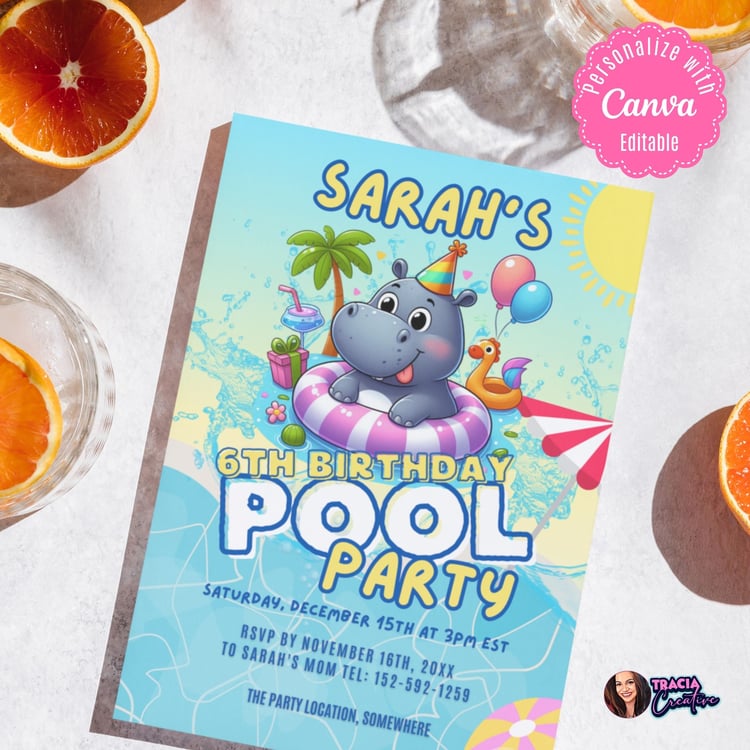 Fun Canva Editable Birthday Pool Party Invitation Template