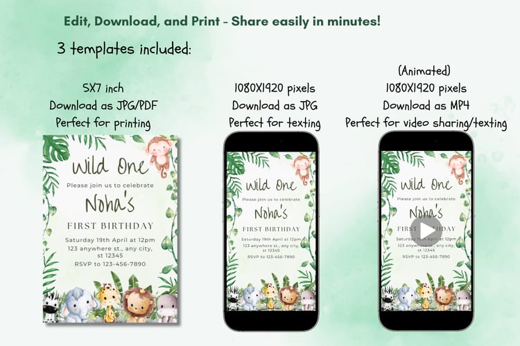 Jungle Animals Birthday Invitation, Wild One Birthday Invitation, Safari Animals Baby Shower