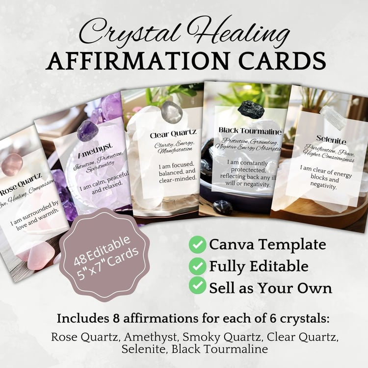 crystal healing affirmation cards done for you canva template