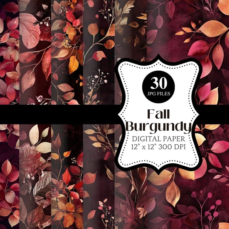 burgundy fall digital paper autumn leaves thanksgiving pattern