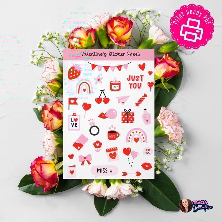 Red Valentines Day Sticker Sheet - 60+ Cute Love Stickers for Cards & Crafts