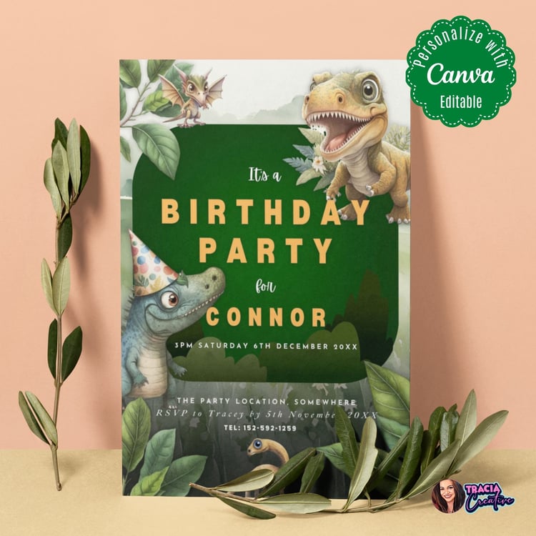 Dinosaur Birthday Party Invitation Template for Kids - Editable Canva Design