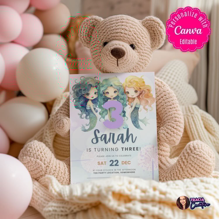 Mermaid 3rd Birthday Invitation | Editable Canva Template | Instant Download 5x7