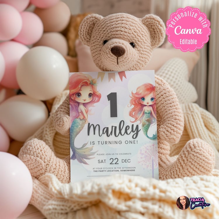 Mermaid 1st Birthday Invitation | Editable Canva Template | Instant Download 5x7