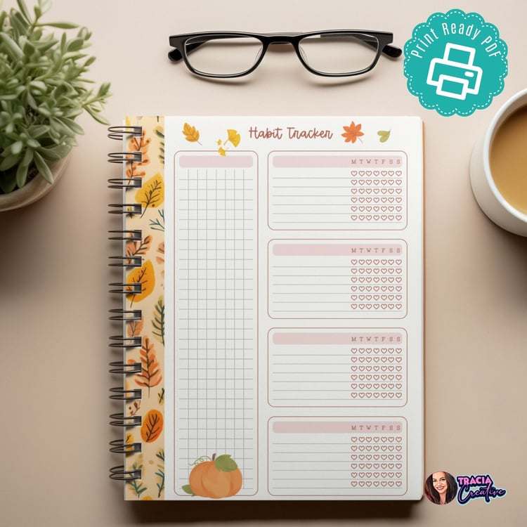 Autumn-themed habit tracker with warm fall colors, featuring spaces to track daily habits, goals, and progress.