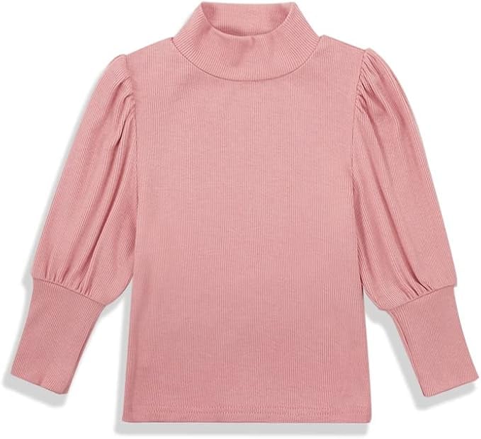 Toddler Baby Girl Basic Solid Color Turtleneck T Shirt Ribbed Knit Top Puff Long Sleeve Soft Cotton Clothes